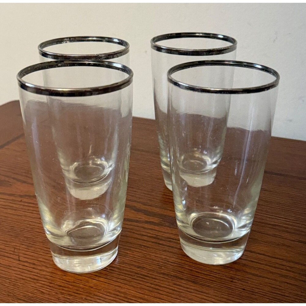 Vintage Set Of 4 Libbey Platinum Rimmed Clear Glass Tumblers 6"